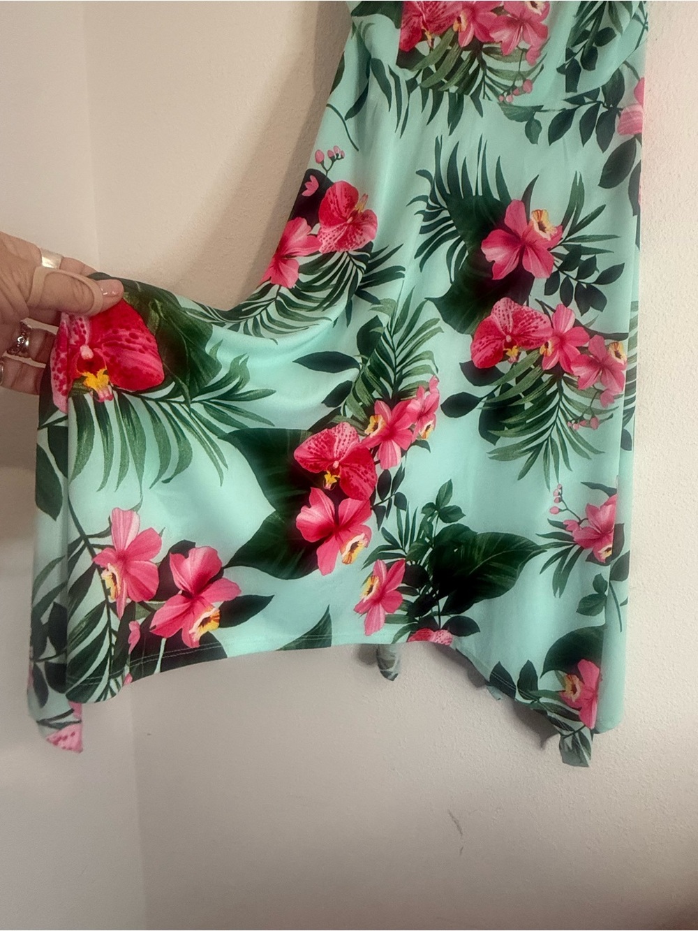 London Times Mint Green Tropical Hibiscus Handkerchief Dress 10 Vacation Cruise - Picture 4 of 8